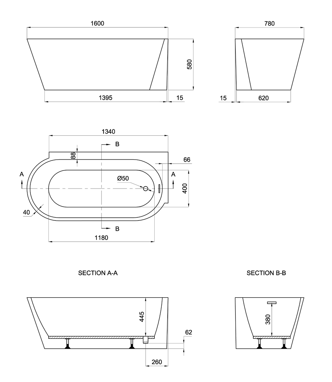 Bray 1600mm Right Hand Bath inc waste