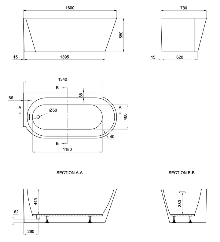 Bray 1600mm Light Hand Bath inc waste