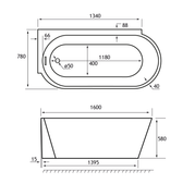 Bray 1600mm Light Hand Bath inc waste - Technical drawing