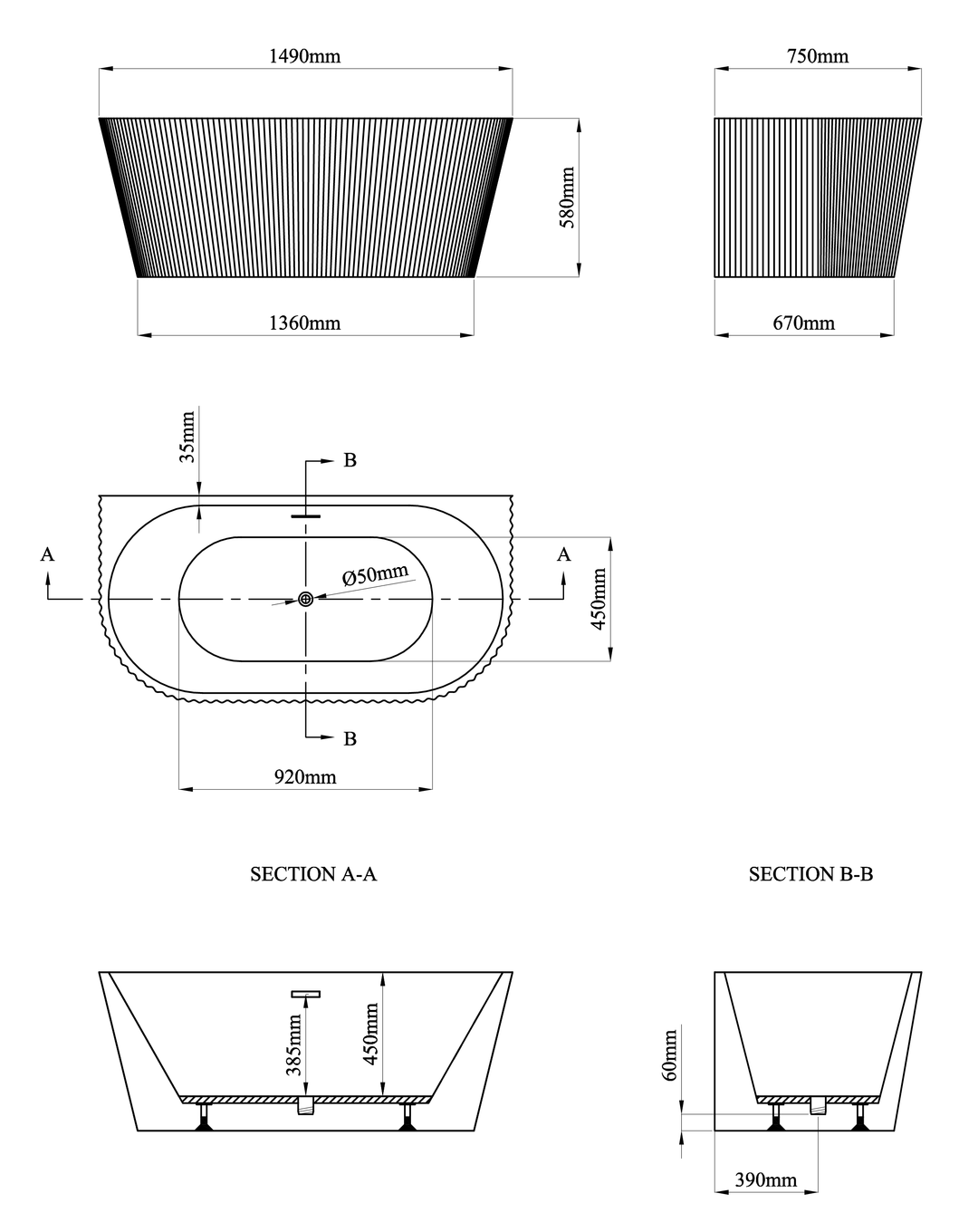 Caversham 1500mm D Shaped Bath Inc Waste - White