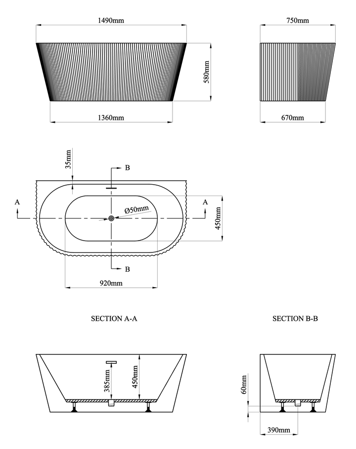 Caversham 1500mm D Shaped Bath Inc Waste - White