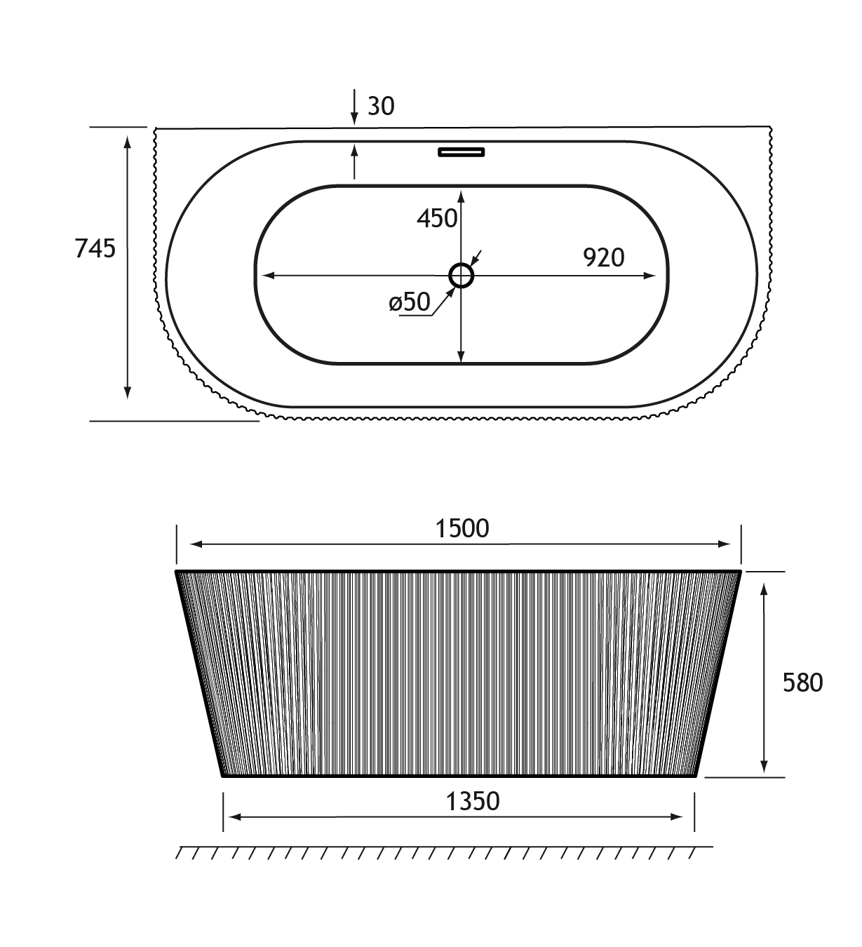 Caversham 1500mm D Shaped Bath Inc Waste - White - Technical drawing
