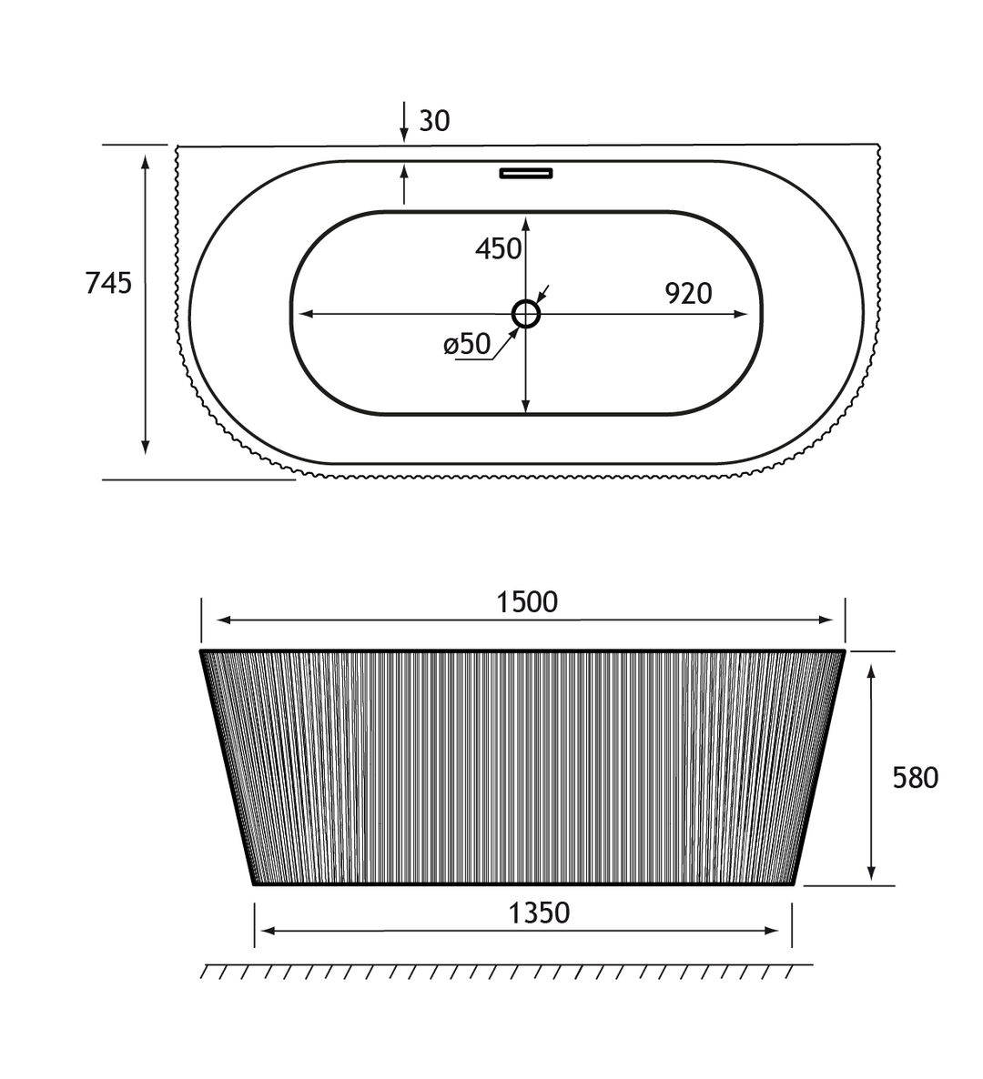 Caversham 1500mm D Shaped Bath Inc Waste - White
