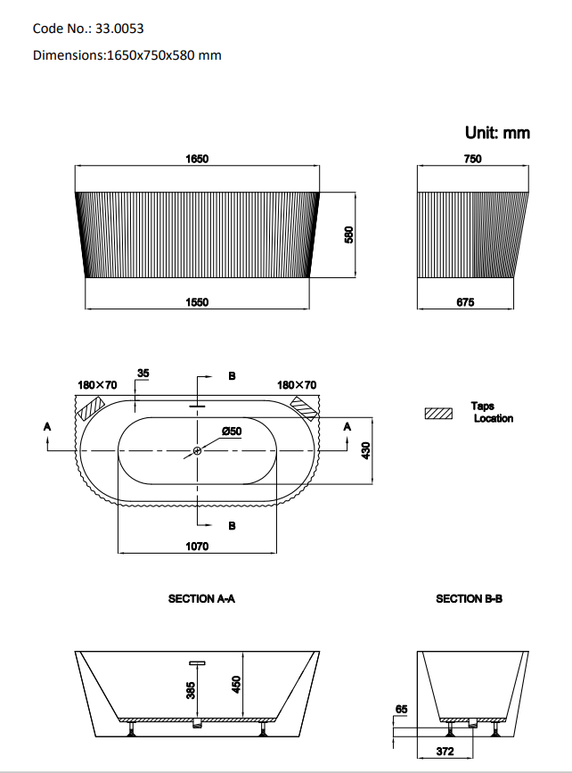 Caversham 1650mm D Shaped Bath Inc Waste - White