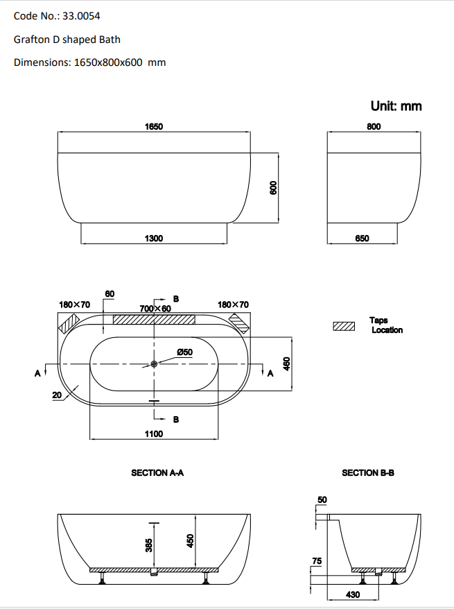 Grafton D Shaped Bath 1650 x 800mm - White