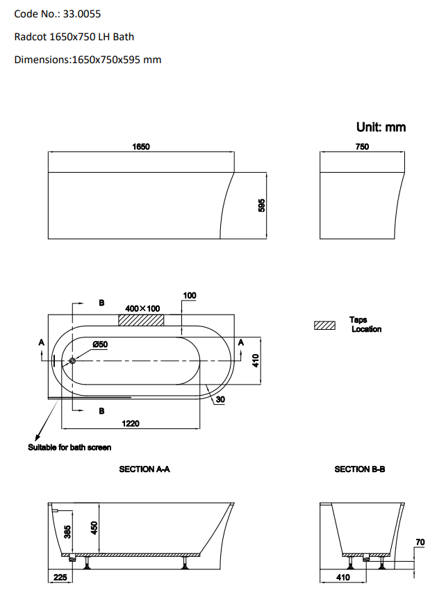 Radcot 1650 x 750mm LH Bath - White