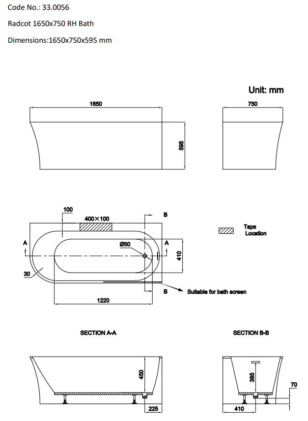Radcot 1650 x 750mm RH Bath - White