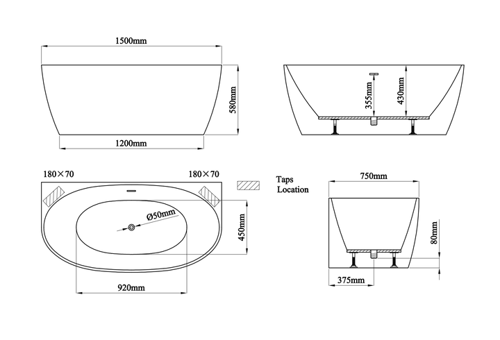 Harlton Back to Wall 1500 x 750 x 580mm Freestanding Bath - Gloss White