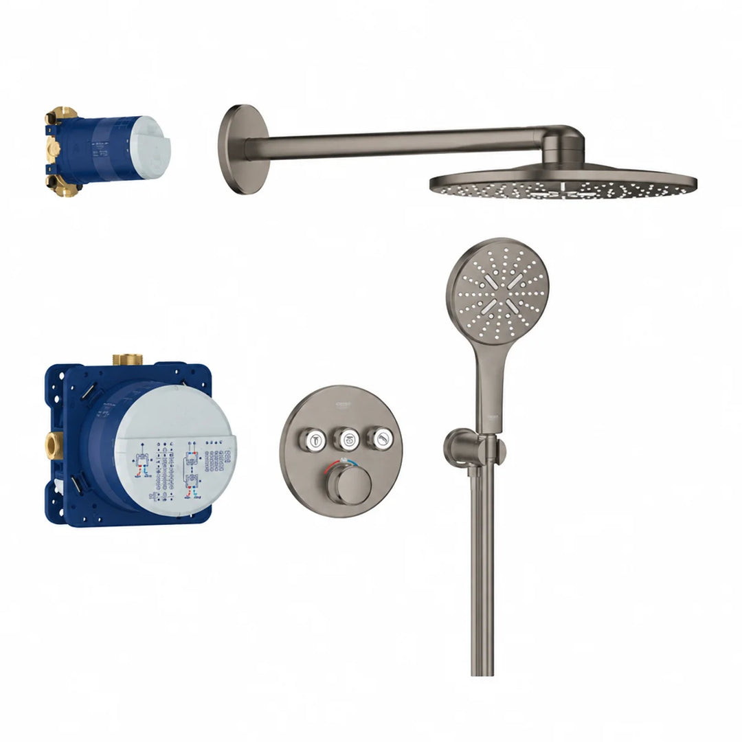 Grohe Grohtherm SmartControl shower system components laid out, brushed hard graphite finish, including overhead rain head, handset, thermostat and concealed va