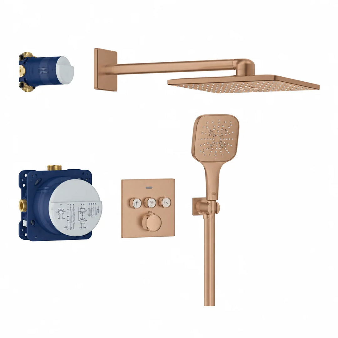 Grohe Grohtherm SmartControl concealed shower system in brushed warm sunset, components laid out including overhead, handheld and concealed parts