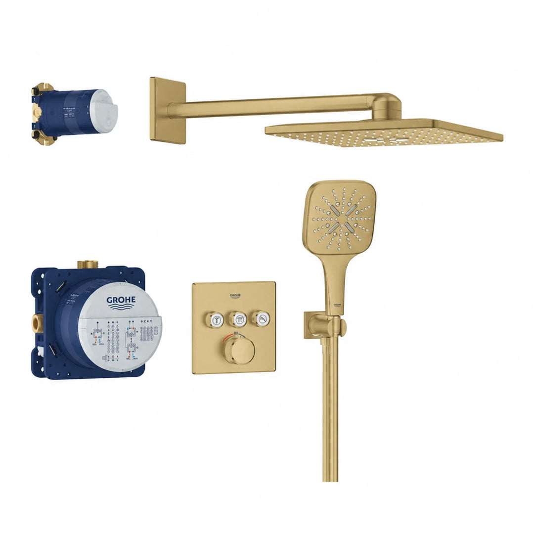 Grohe Grohtherm SmartControl shower system in brushed cool sunrise, showing all components laid out including concealed valves, overhead head, handset and therm