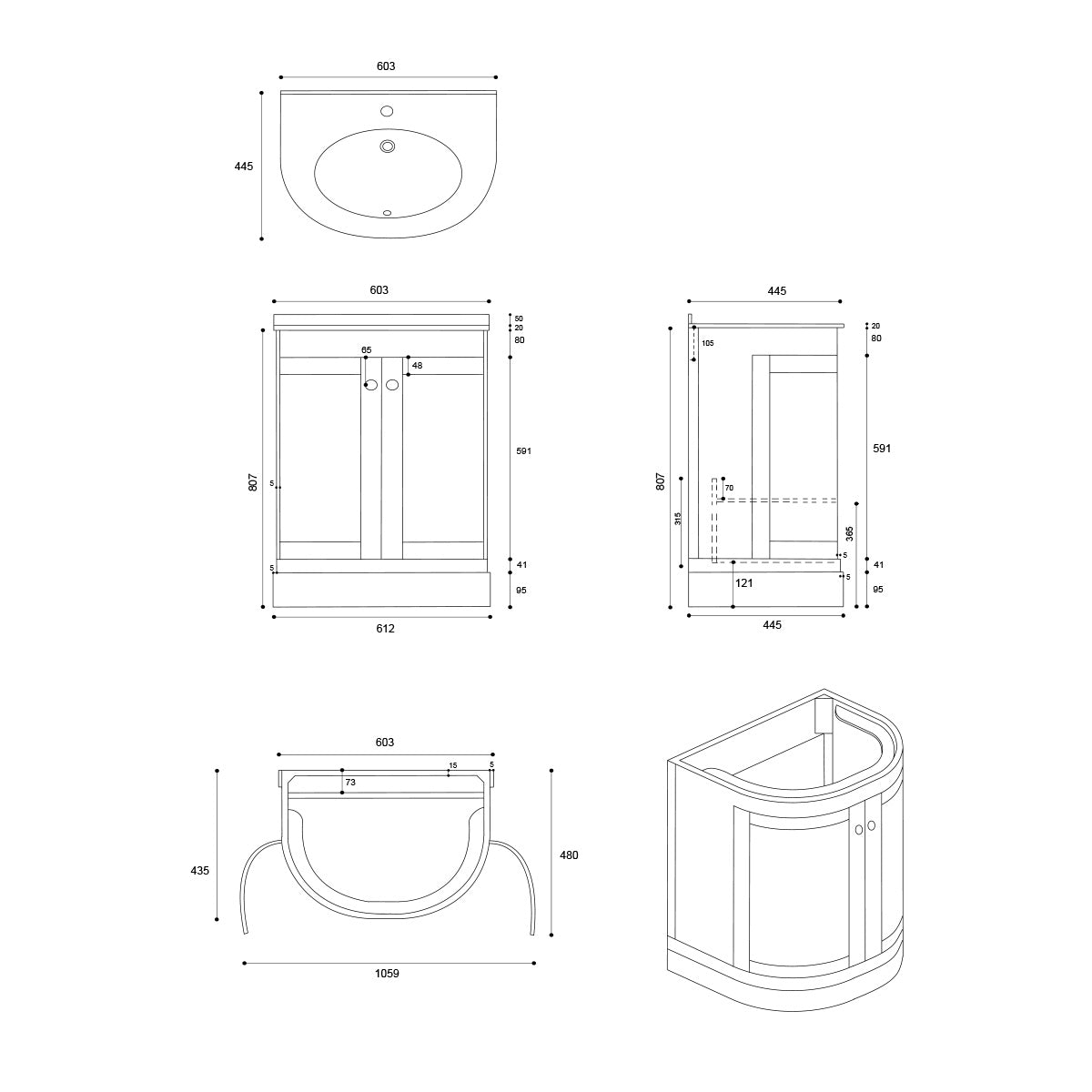 Hardwick 600mm Traditional Vanity Unit, Quartz Worktop and Basin - Matt White - Technical drawing