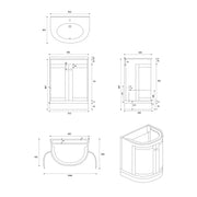 Hardwick 600mm Traditional Vanity Unit, Quartz Worktop and Basin - Matt White - Technical drawing