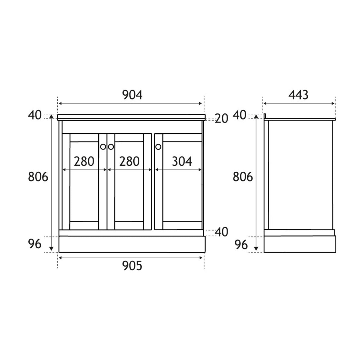Hardwick 900mm Traditional Corner Vanity Unit, Quartz Worktop and Basin Left Hand - Matt White - Technical drawing