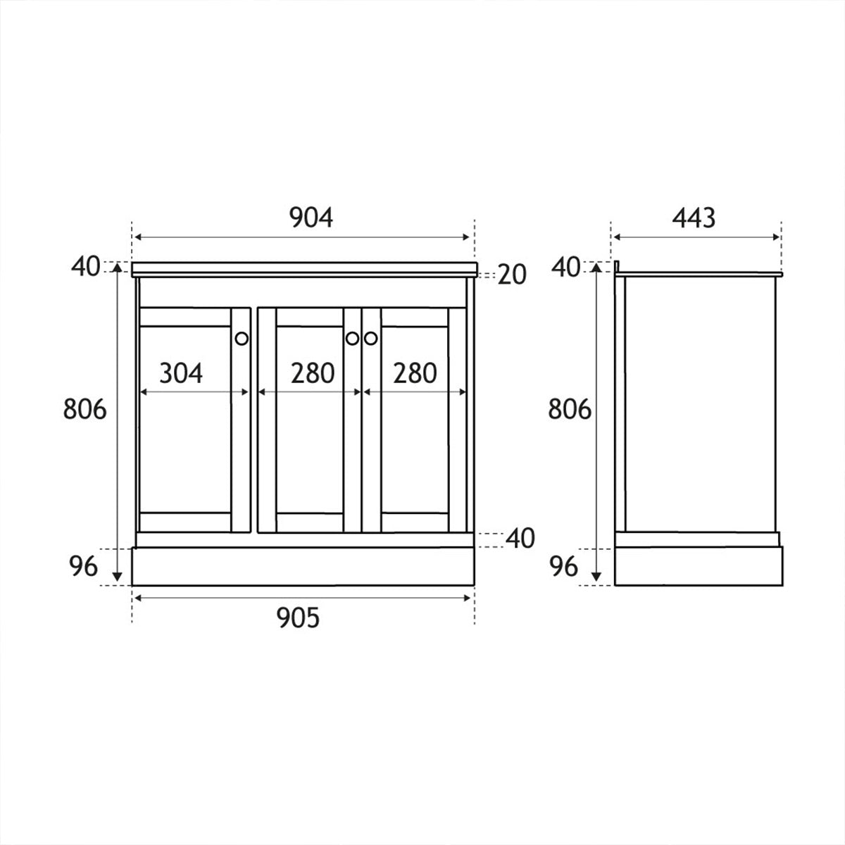 Hardwick 900mm Traditional Corner Vanity Unit, Quartz Worktop and Basin Right Hand - Matt White - Technical drawing