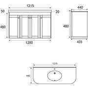 Hardwick 1200mm Wall Hung Vanity Unit, Quartz Worktop and Double Basin - Matt White - Technical drawing