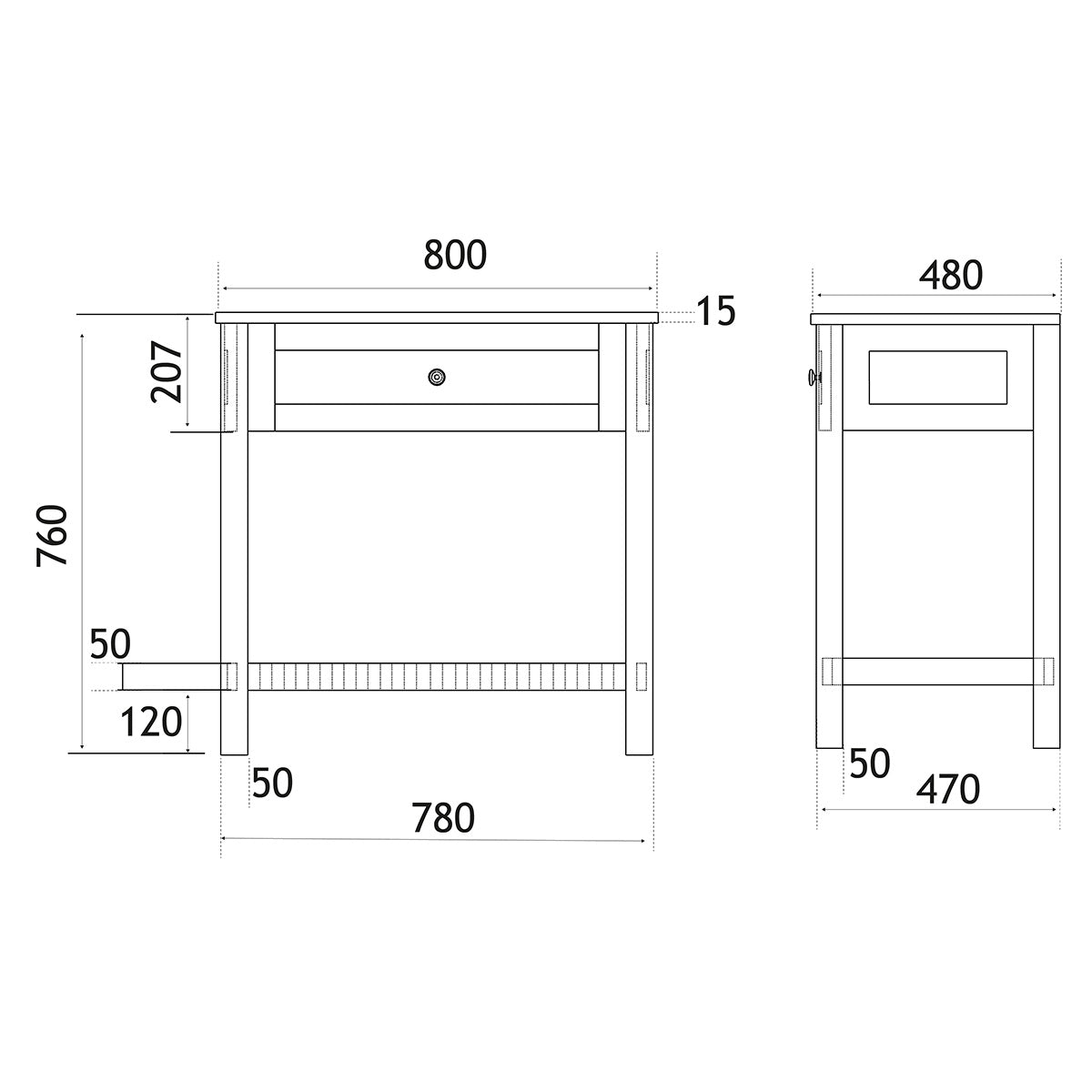 Hardwick 800mm Floor Standing Washstand and Quartz Worktop - Matt White - Technical drawing