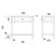 Hardwick 800mm Floor Standing Washstand and Quartz Worktop - Matt White - Technical drawing
