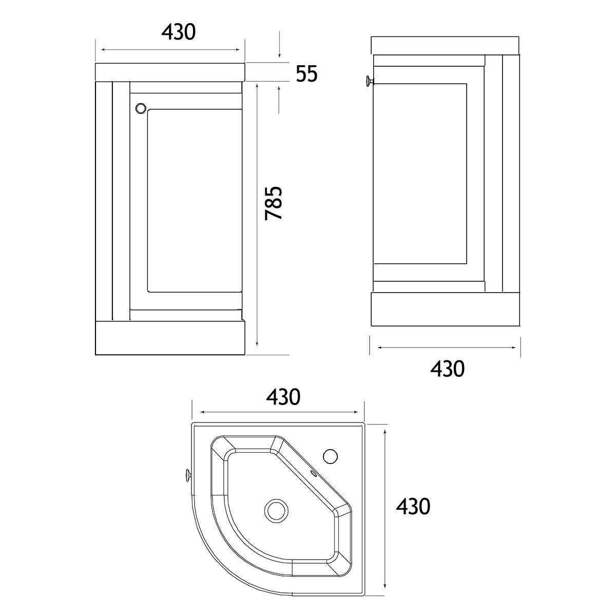 Hardwick 430mm Corner Vanity Unit and Polymarble Basin - Matt Anthracite - Technical drawing