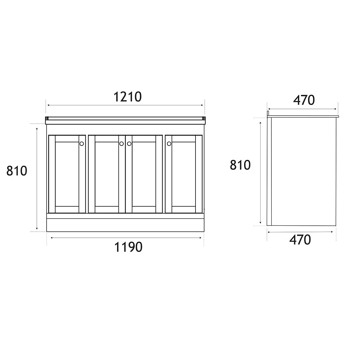Hardwick Straight 1200mm Floor Standing Vanity Unit and Double Basin - Matt White - Technical drawing