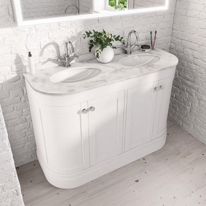 Hardwick Curved 1200mm Floor Standing Vanity Unit, Quartz Worktop and Double Basin - Matt White