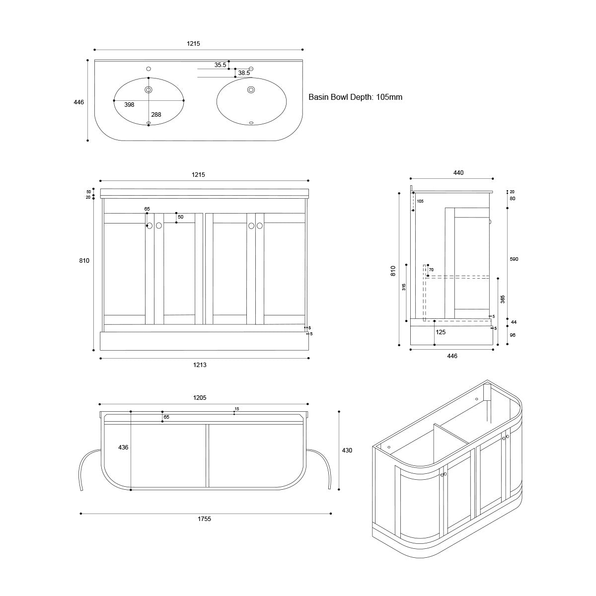 Hardwick Curved 1200mm Floor Standing Vanity Unit, Quartz Worktop and Double Basin - Matt White - Technical drawing
