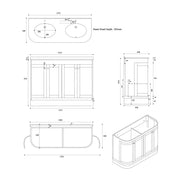 Hardwick Curved 1200mm Floor Standing Vanity Unit, Quartz Worktop and Double Basin - Matt White - Technical drawing