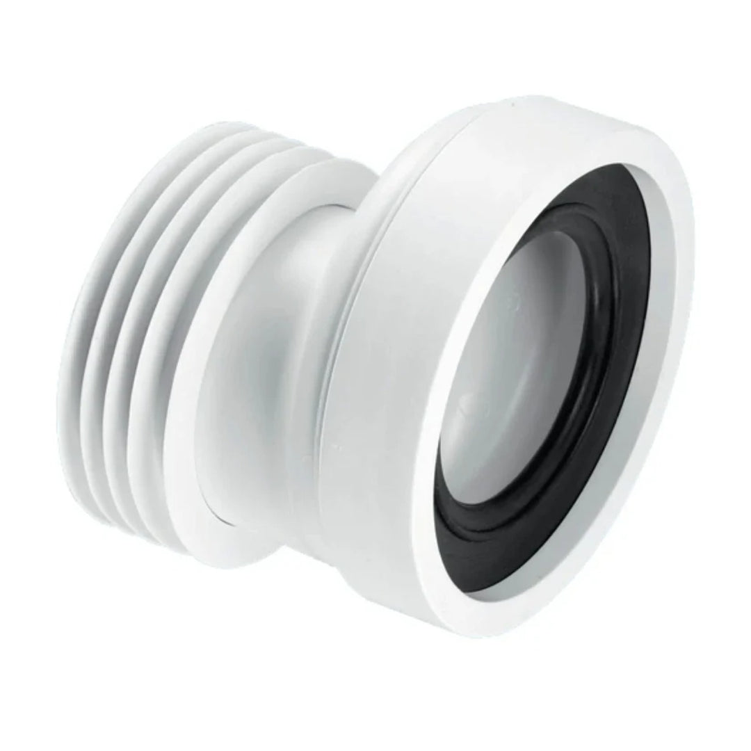 McAlpine WC-CON4 white rigid WC pan connector with 20mm offset, double seal inlet and 110mm soil pipe connection.