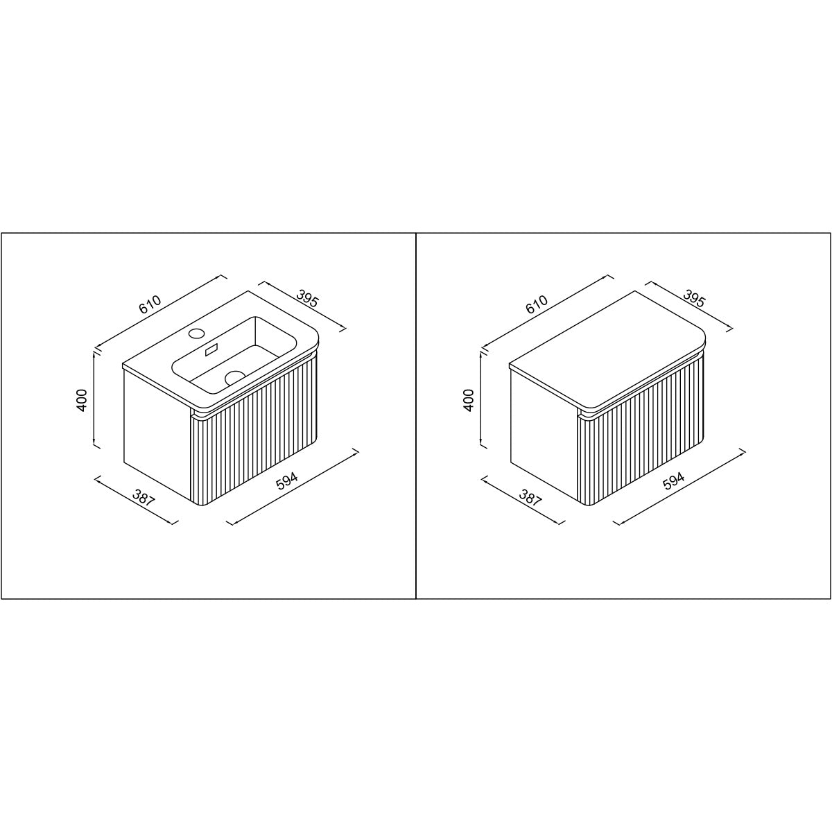 Belice Fluted 600mm Wall Hung Vanity Unit and Basin - High Gloss White - Technical drawing