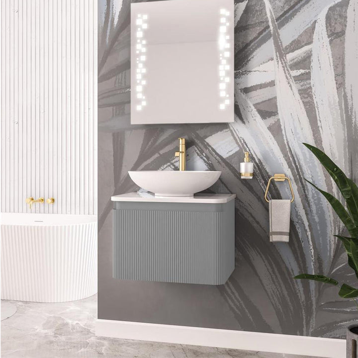 Belice Fluted 600mm Wall Hung Vanity Unit and White Stone Top - Grey
