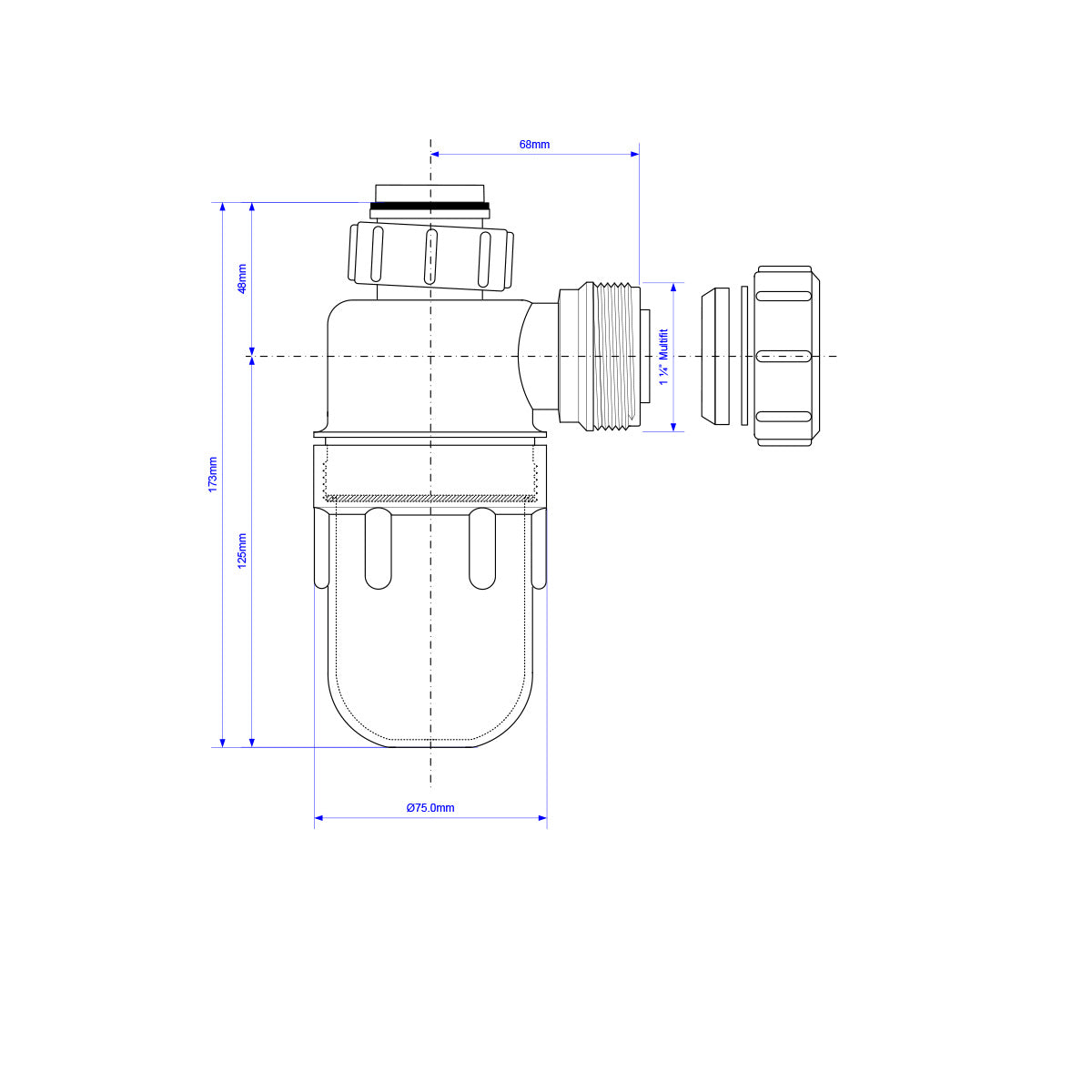 McAlpine 75mm Water Seal Bottle Trap with Multifit Outlet 1 1/4" - Technical drawing