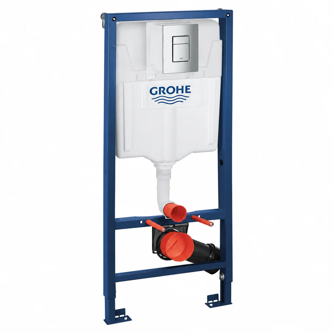Grohe Rapid SL 3-in-1 toilet frame with white cistern, chrome flush plate, and blue steel frame, front view