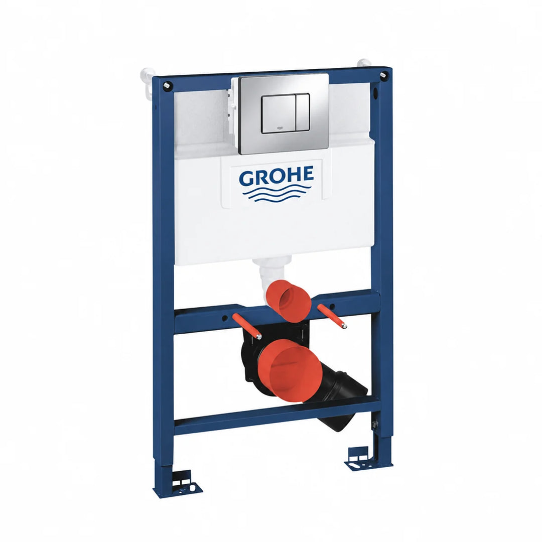 Grohe Rapid SL wall hung toilet frame with chrome Skate Cosmo dual-flush plate, front three-quarter view