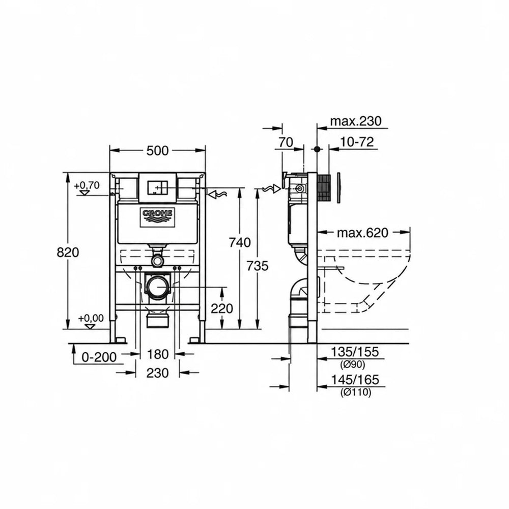Grohe Rapid SL installation frame technical line drawing with labelled dimensions front and side views