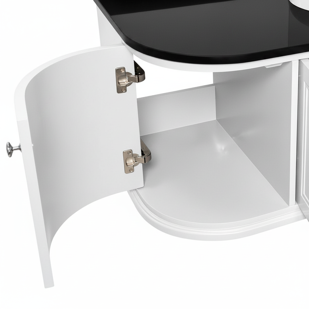 Kingsbury Classic Curved 1200mm Wall Hung Vanity Unit, Black Worktop &amp; Ceramic Basin - White