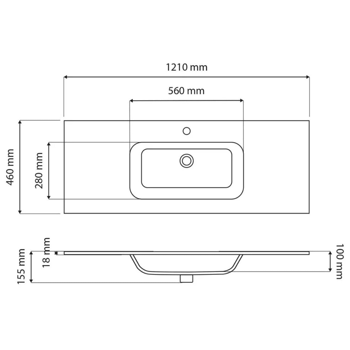 Milan Set On 1200mm Single Bowl Ceramic Basin 1 Taphole - Technical drawing