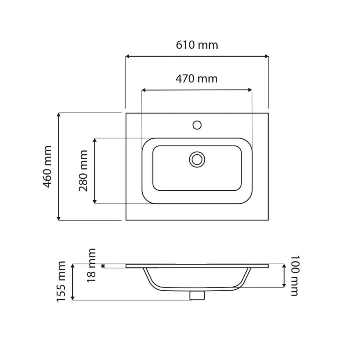 Milan Set On 600mm Ceramic Basin 1 Taphole - Technical drawing