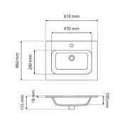 Milan Set On 600mm Ceramic Basin 1 Taphole - Technical drawing