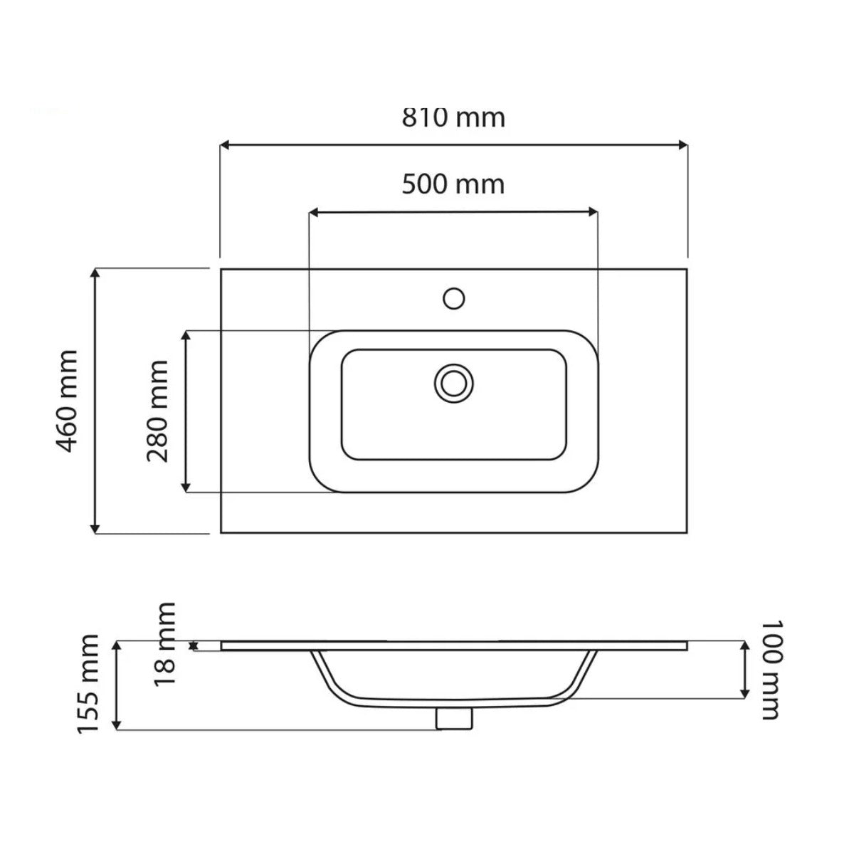 Milan Set On 800mm Ceramic Basin 1 Taphole - Technical drawing