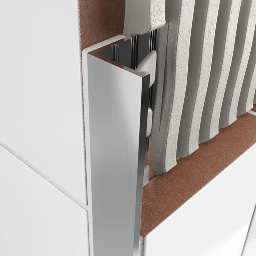 Atrim 10mm straight edge aluminium tile trim in brushed chrome effect, 2.5m long, designed to protect exposed tile edges and provide a sleek, professional finish for 12.5mm tiles.