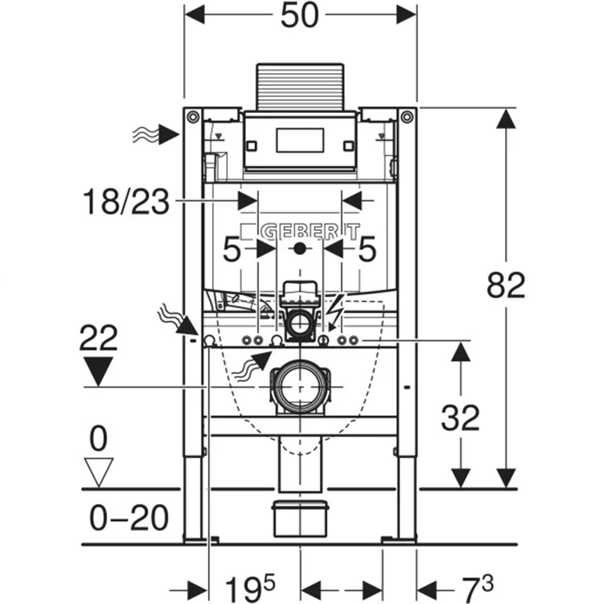 Geberit Duofix Element for Wall Hung WC with Alpha Concealed Cistern 120mm - 820mm High - Technical drawing