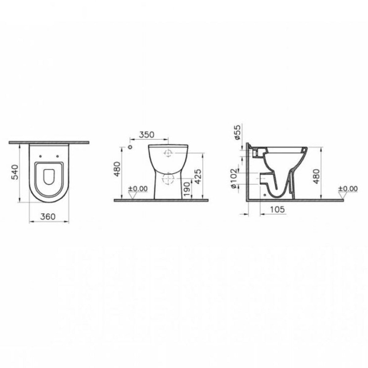 Vitra S50 Comfort Height WC Set with Dual Flush Cistern & Round Button - Technical drawing