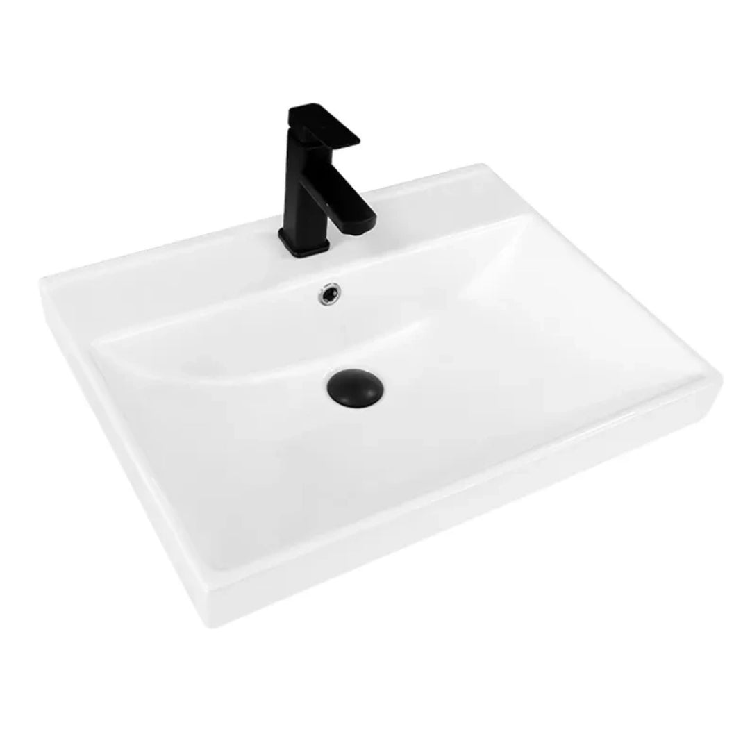 Linea 600mm white ceramic set-on basin with a contemporary thin-edge design, defined corners, single tap hole and integrated overflow.