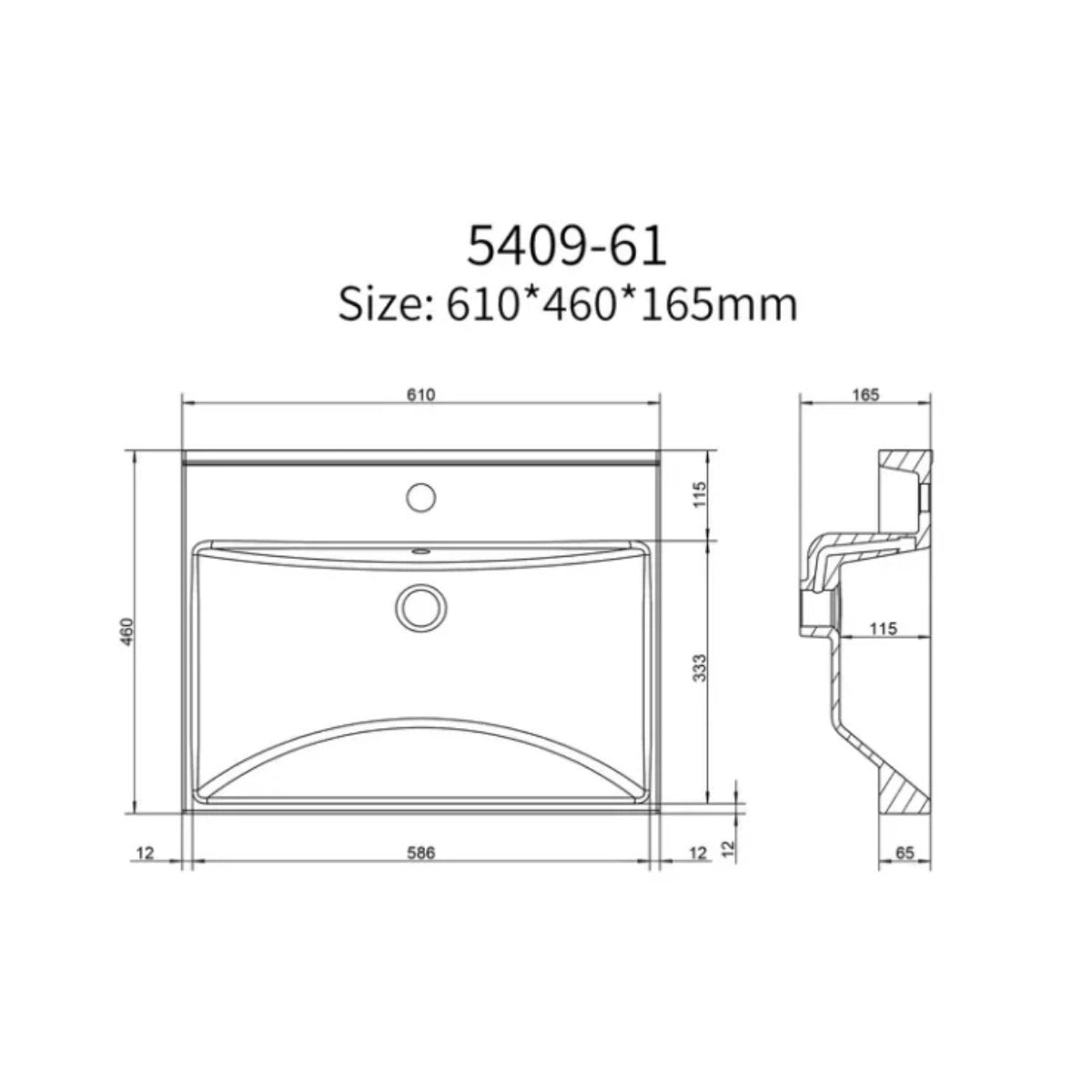 Linea Set On 600mm Ceramic Basin 1 Taphole - Technical drawing