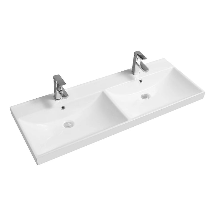 Linea 1200mm white ceramic set-on basin with twin scoop bowls and two tap holes, designed to sit on compatible bathroom furniture.