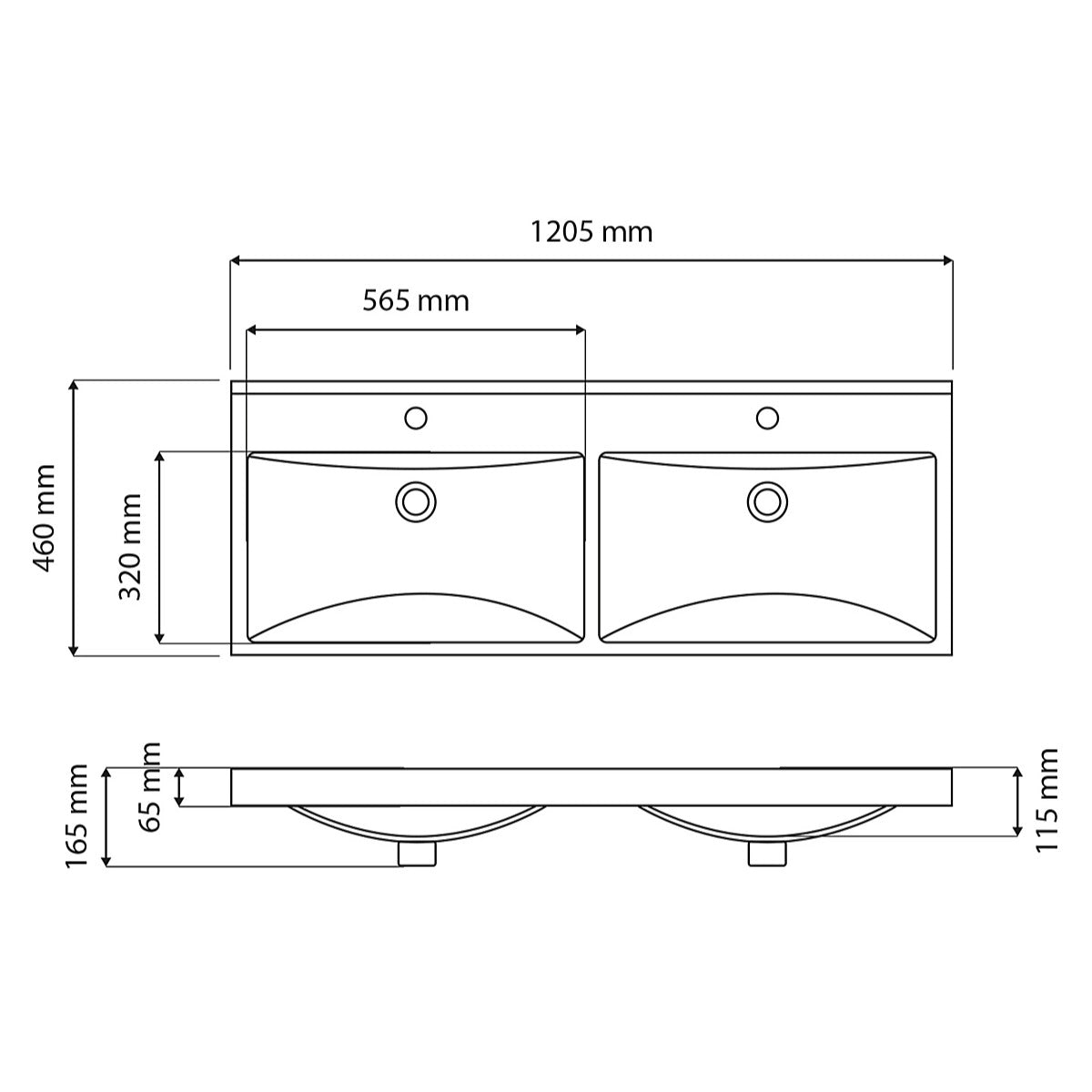 Linea Set On 1200mm Twin Bowl Ceramic Basin 2 Taphole - Technical drawing