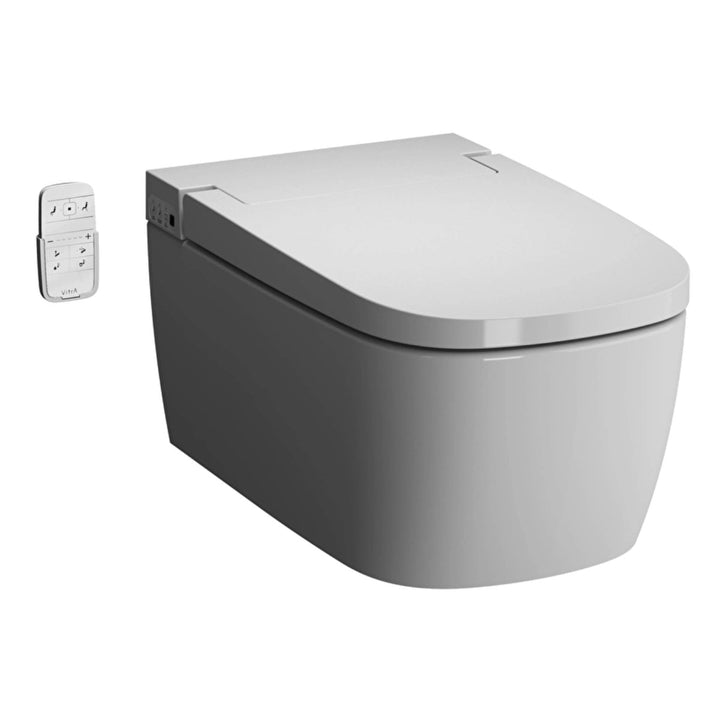 VitrA V-Care rimless wall hung smart toilet pan with integrated smart seat in white, featuring advanced washing and drying functions for modern bathrooms.