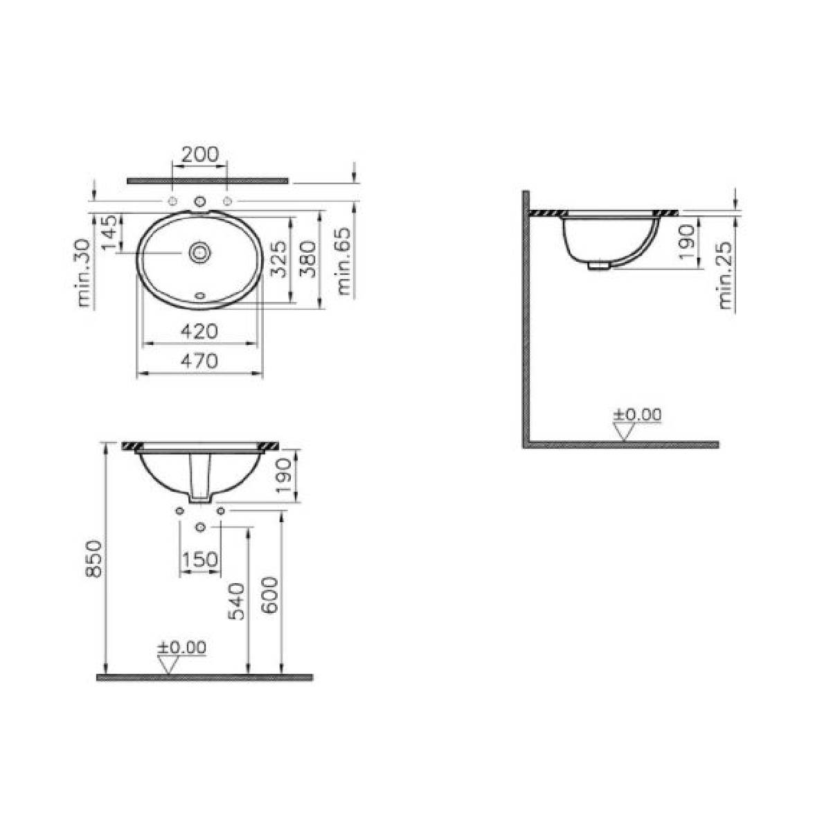 Vitra S20 Undermount Oval Bowl - Technical drawing