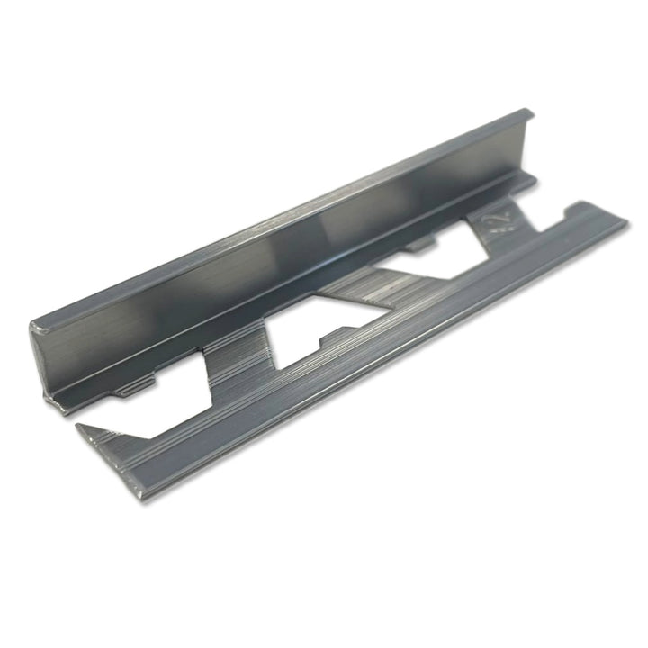 Atrim 12mm straight edge aluminium tile trim in Brushed Titanium, 2.5m long, designed to protect exposed tile edges and create a clean, contemporary finish for 12mm tiles.