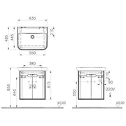 Vitra Sento 650mm Wall Hung 2 Door Washbasin Unit inc Basin - White - Technical drawing